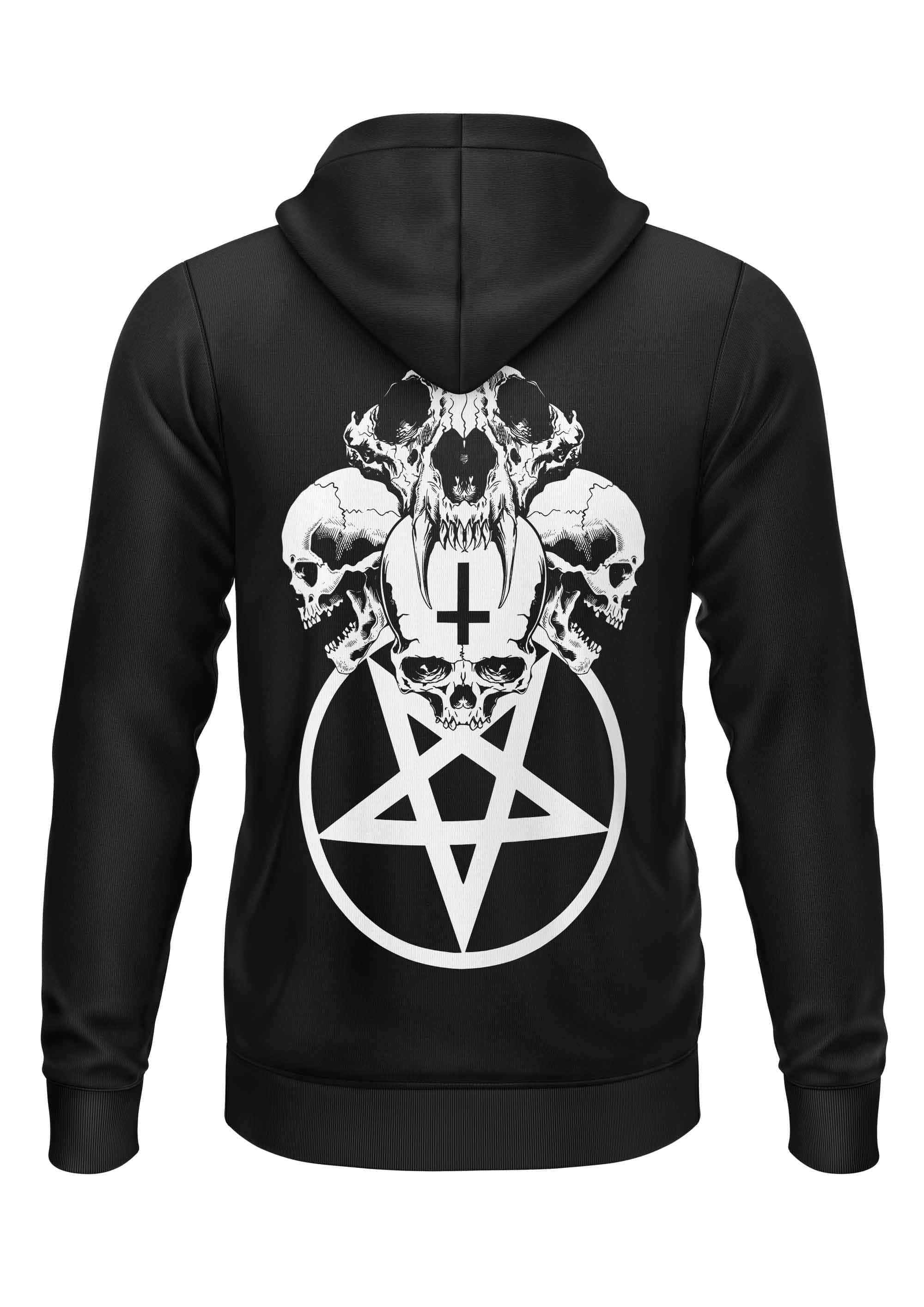 Schwarzer zip-up hoodie mit weißem schädel pentagram grafik und pentagram-reißverschluss gaia lizenzierte bekleidung